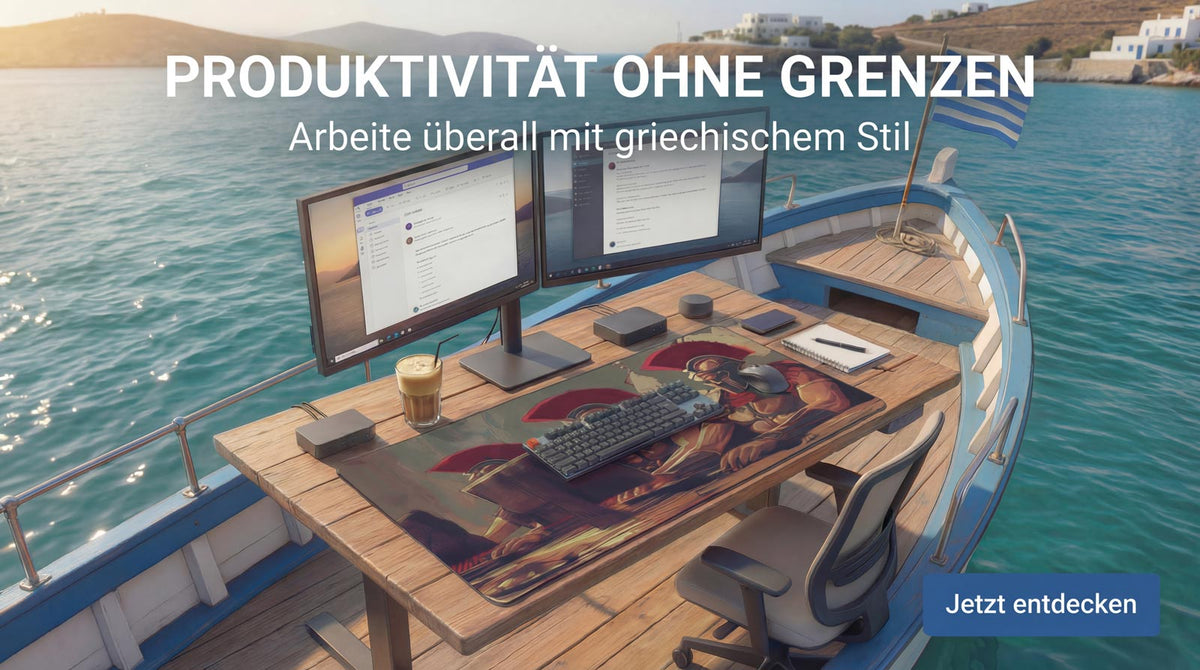 „Produktivität ohne Grenzen“: Schreibtisch mit zwei Monitoren und Mauspad mit Spartaner auf einem Holzboot im Meer [KI]