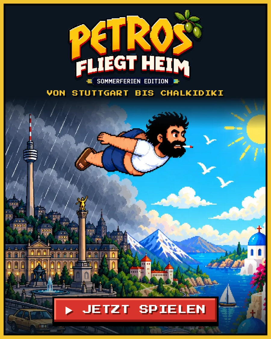 Petros fliegt heim: Pixelbild von Petros, der vom verregneten Stuttgart Richtung Griechenland fliegt, mit dem Knopf Jetzt spielen